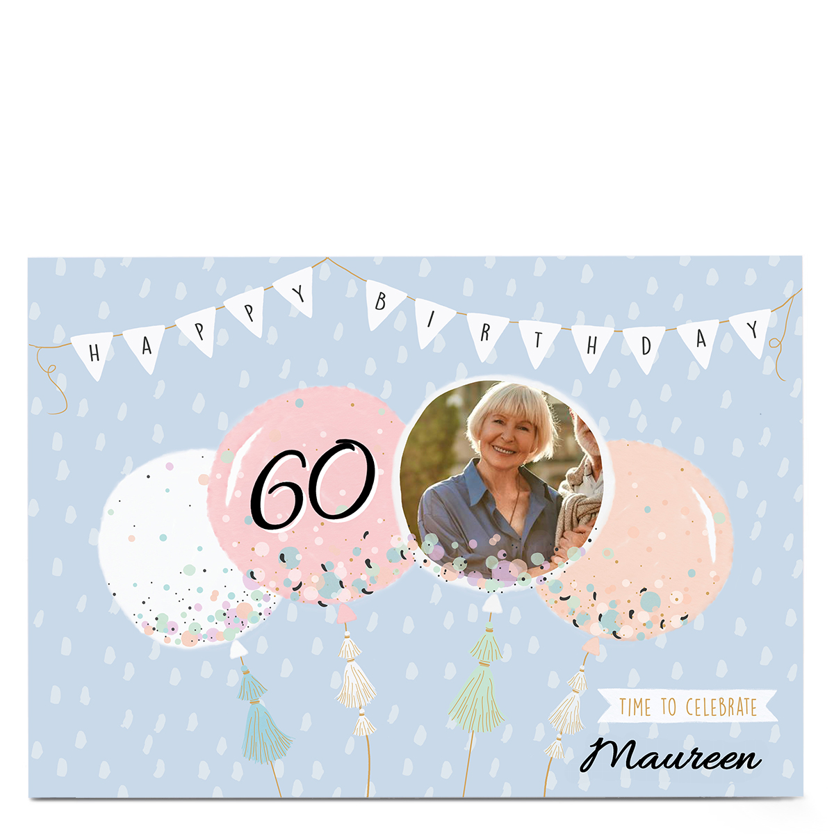 Photo 60th Birthday Card - Pastel Banner & Balloons, Editable Age