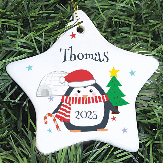 Personalised Christmas Penguin Ceramic Star Decoration