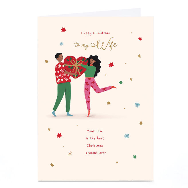 Personalised Christmas Card - Cute Characters Heart Present, Wife