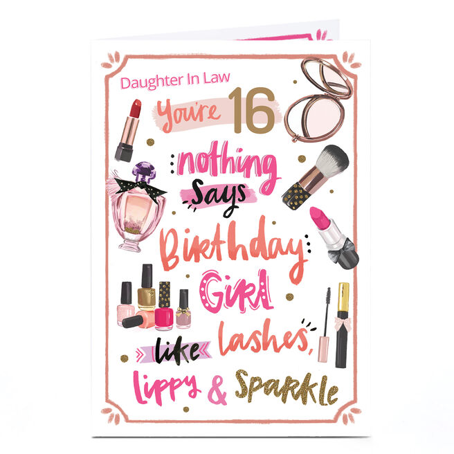 Personalised Editable Age Birthday Card - Pink Lashes, Lippy & Sparkle