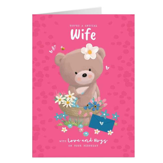 Personalised Hugs Birthday Card - Hugs With Flower Basket, Wife