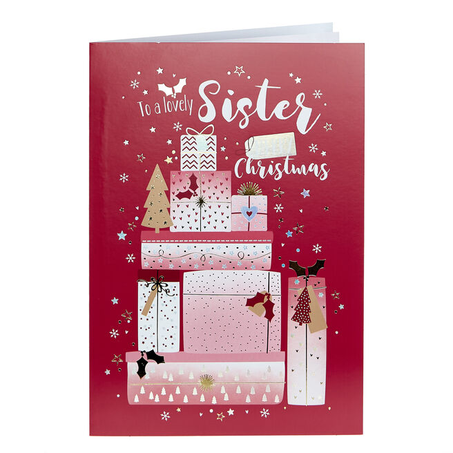 Christmas Card - A Lovely Sister, Pile Of Presents