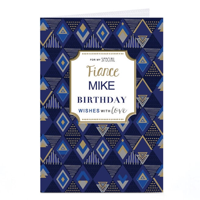 Personalised Birthday Card - Blue & Gold Pattern, Fiance