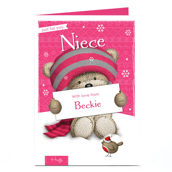Personalised Hugs Christmas Card - Pink Bear - Niece