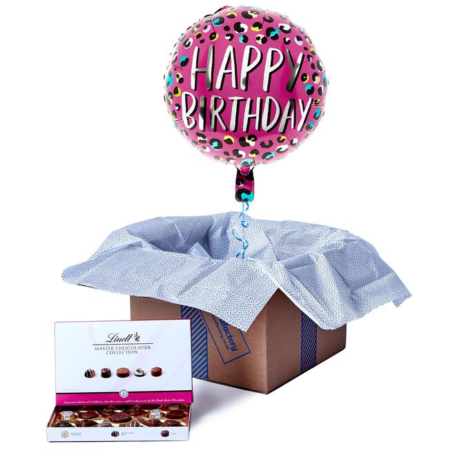 Leopard Print Happy Birthday Balloon & Lindt Chocolate Box - FREE GIFT CARD!