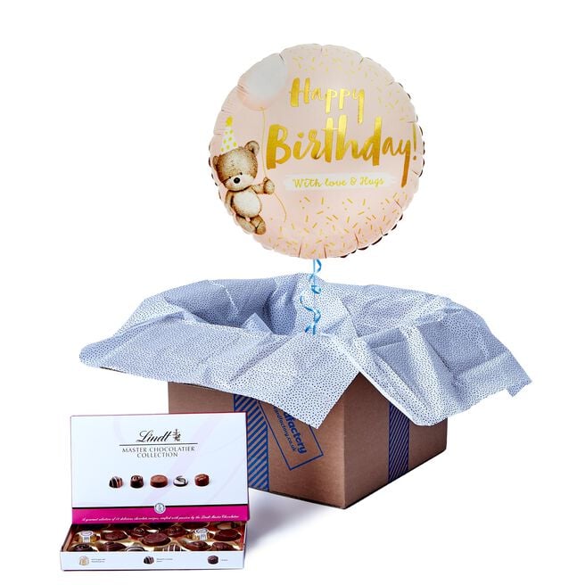 Pink Hugs Happy Birthday Balloon & Lindt Chocolates - FREE GIFT CARD!