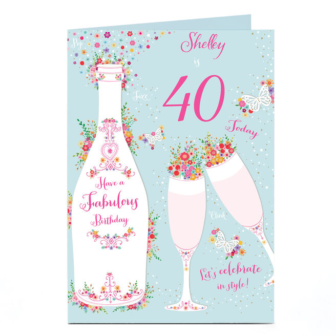 Personalised Birthday Card - Champagne, Flutes & Flowers, Editable Age