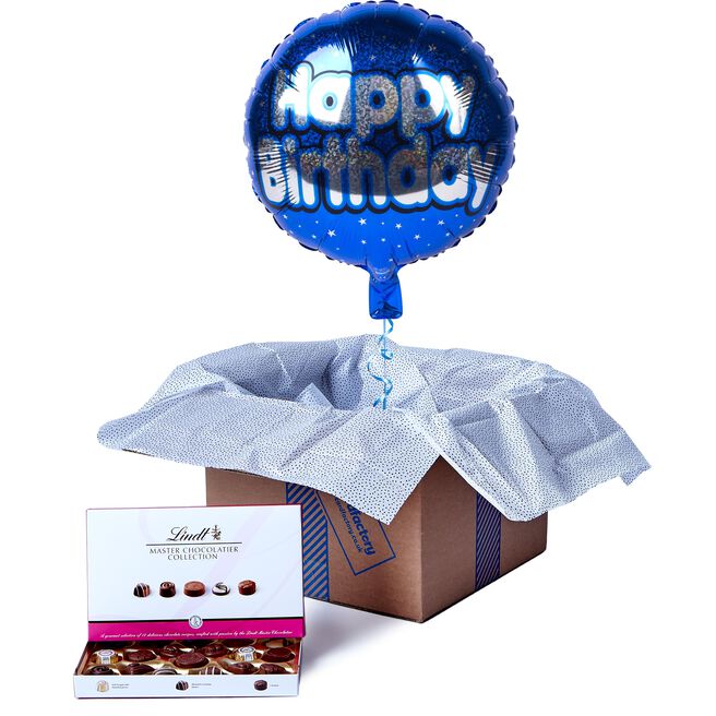 Blue Happy Birthday Balloon & Lindt Chocolates - FREE GIFT CARD!