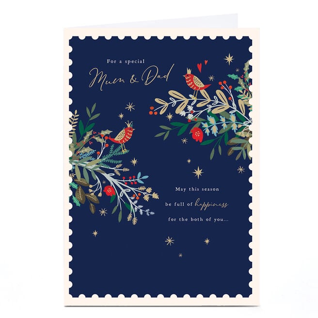 Personalised Christmas Card - Navy Blue Birds on Branches, Mum & Dad
