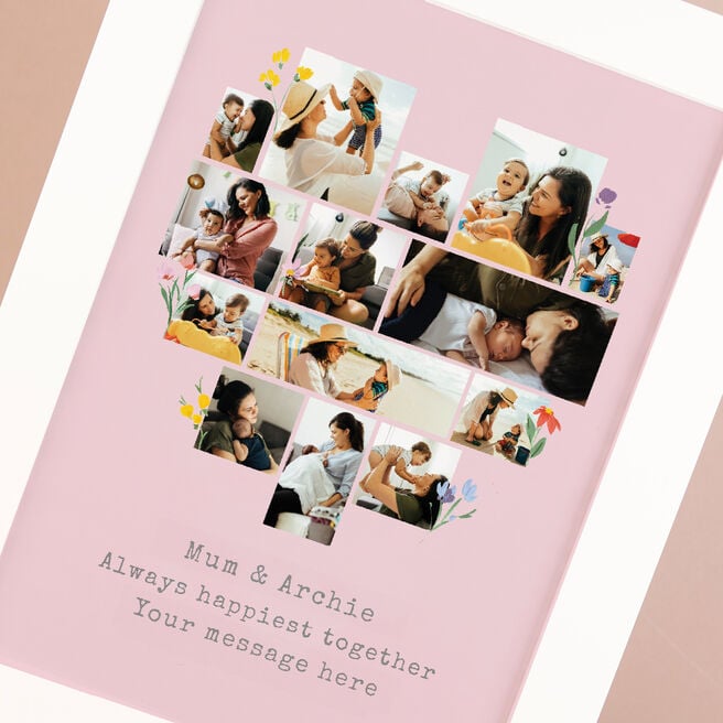 Multi Photo Framed Heart Print -  Pink with Flowers