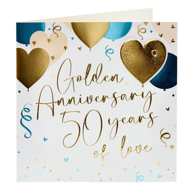 Foil Heart Balloons Golden 50th Wedding Anniversary Card