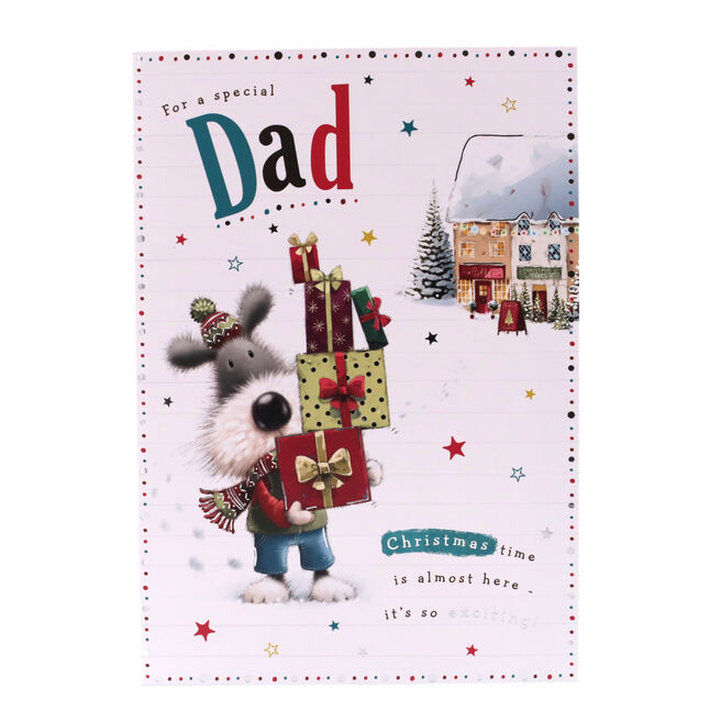 Christmas Card - Special Dad, Cute Dog With Presents