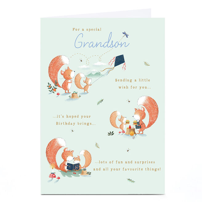 Birthday Card - Cute Squirrels Favourite Things, Grandson