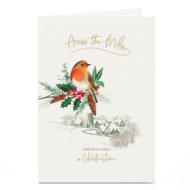Personalised Christmas Card - Across the Miles Robin on Holly Branch