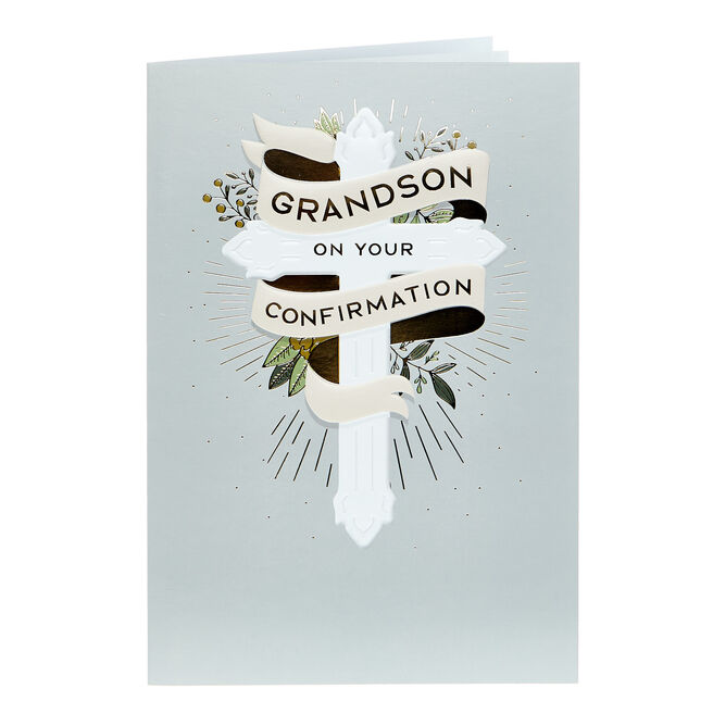 Confirmation Card - Grandson Cross & Foliage 