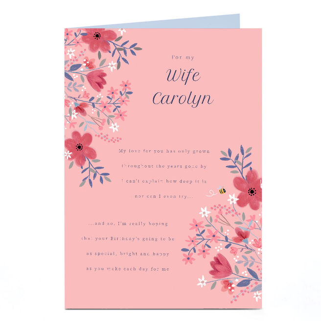 Personalised Birthday Card - Pink Flowers and Bumblebee