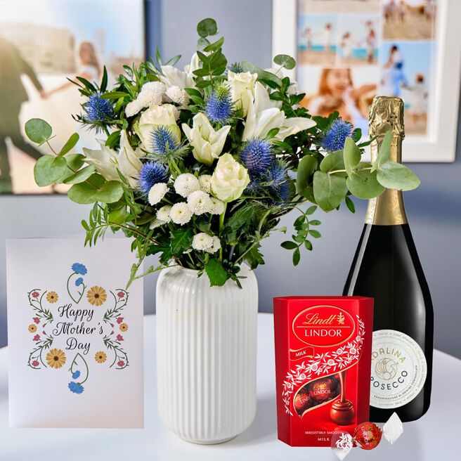 Blossoming Gifts Blue Serenity, Prosecco, Lindor Truffles & Mother's Day Card - Free Delivery!