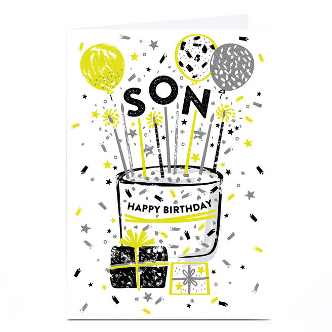 Birthday Card - Neon Accents Cake and Balloons, Son