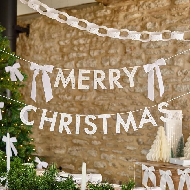 White Merry Christmas' Card Banner With Velvet Bows