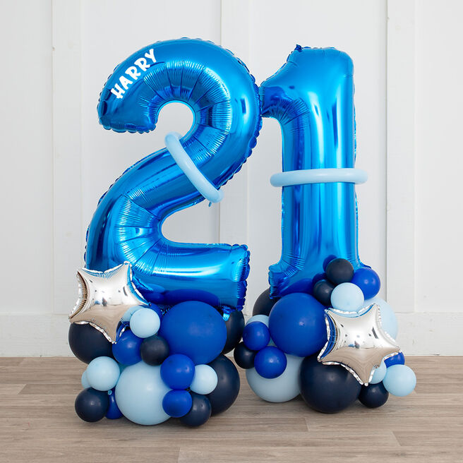Personalised Inflated Blue & Silver Number Balloon Stack - Choose Your Age