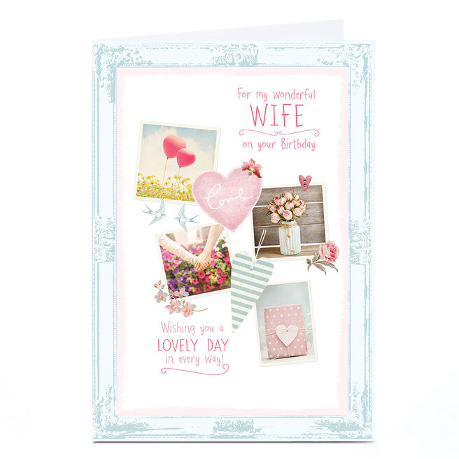 Personalised Birthday Card - Rustic Roses Balloons and Hearts, Wife