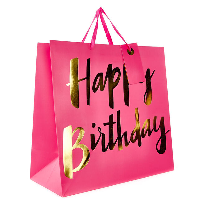 Extra Large Square Gift Bag - Pink, Happy Birthday