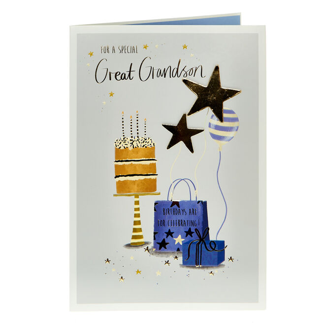 Great Grandson Cake & Presents Birthday Card