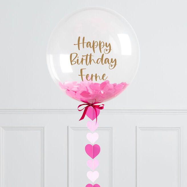 Personalised 20-Inch Pink Heart Confetti Bubblegum Balloon - DELIVERED INFLATED!