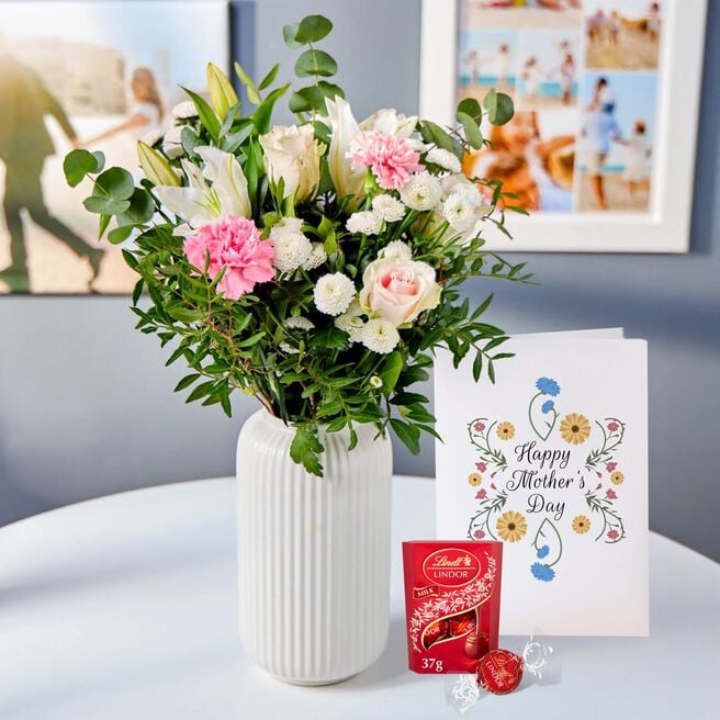 Blossoming Gifts Pink Purity, Lindor Truffles & Mother's Day Card - Free Delivery!