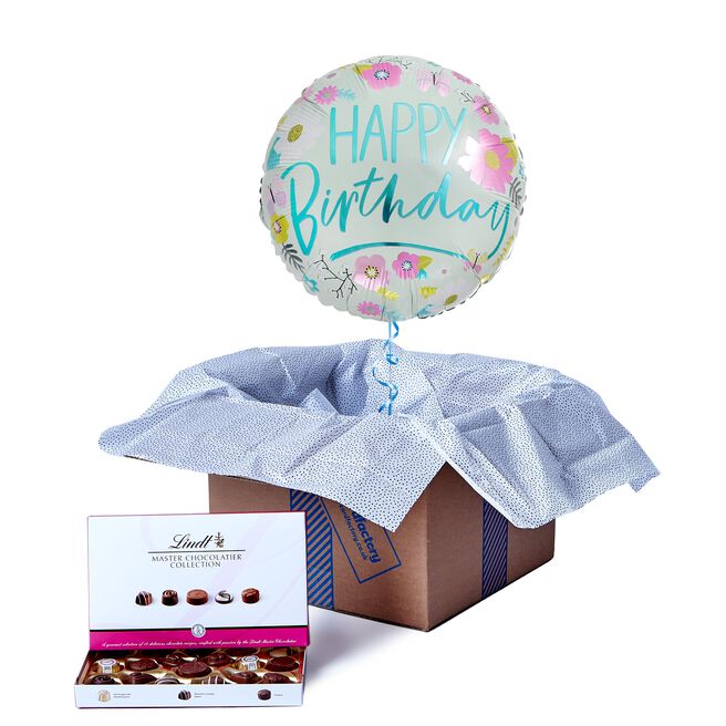 Floral Happy Birthday Balloon & Lindt Chocolates - FREE GIFT CARD!