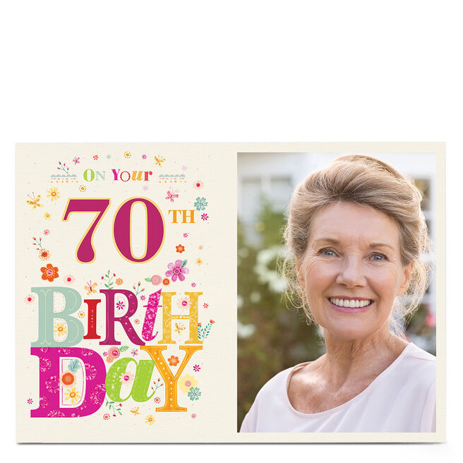 Photo Birthday Card - Colourful Letters & Flowers, Editable Age
