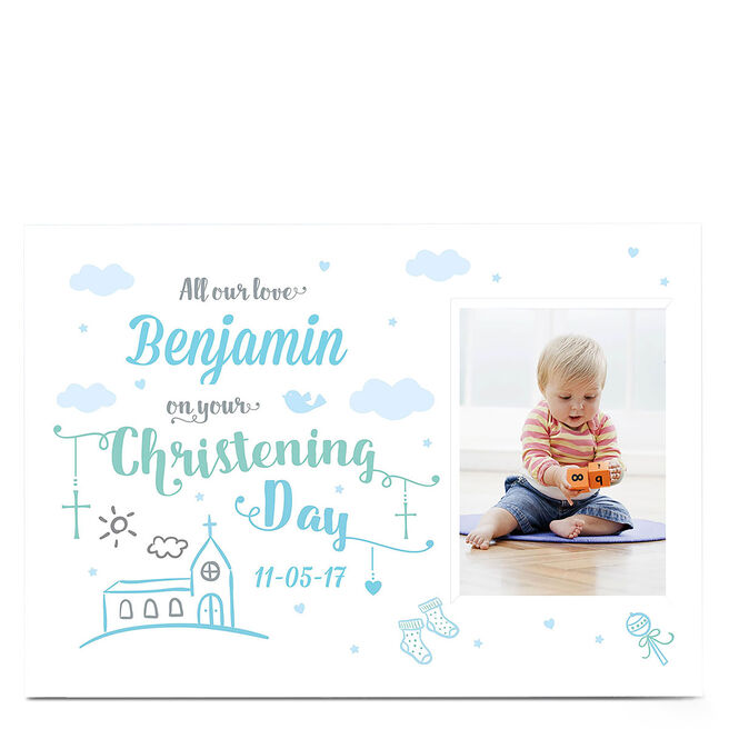 Photo Christening Card - Blue