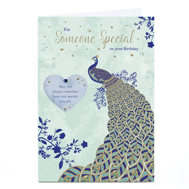 Personalised Birthday Card - Turqoise Peacock Feathers, Someone Special 