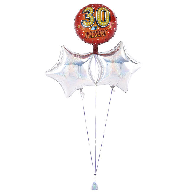 30th Birthday 30 and Awesome Silver Balloon Bouquet - DELIVERED INFLATED!
