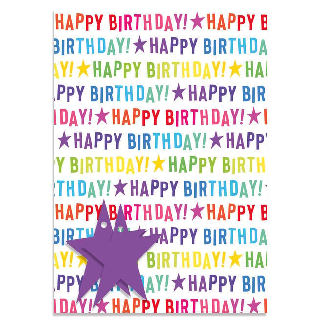 Happy Birthday Wrapping Paper - 2 Sheets & 2 Tags