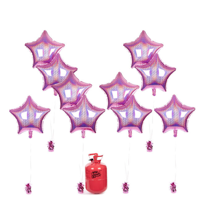 Party Balloon Bundle - 10 Pink Stars & Helium 