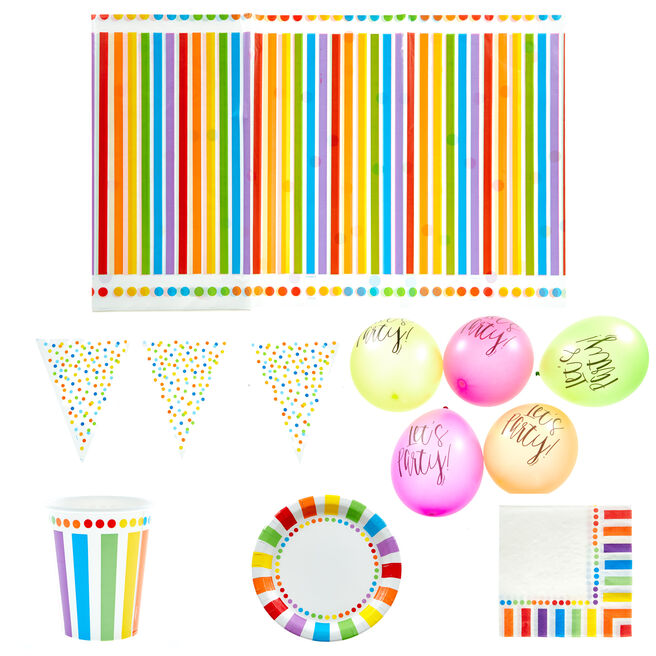 Rainbow Party Tableware & Decorations Bundle - 8 Guests