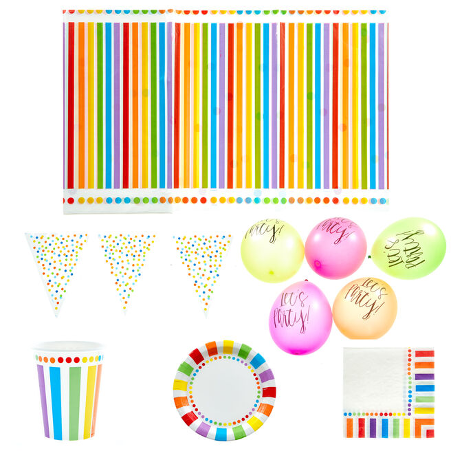 Rainbow Party Tableware & Decorations Bundle - 16 Guests