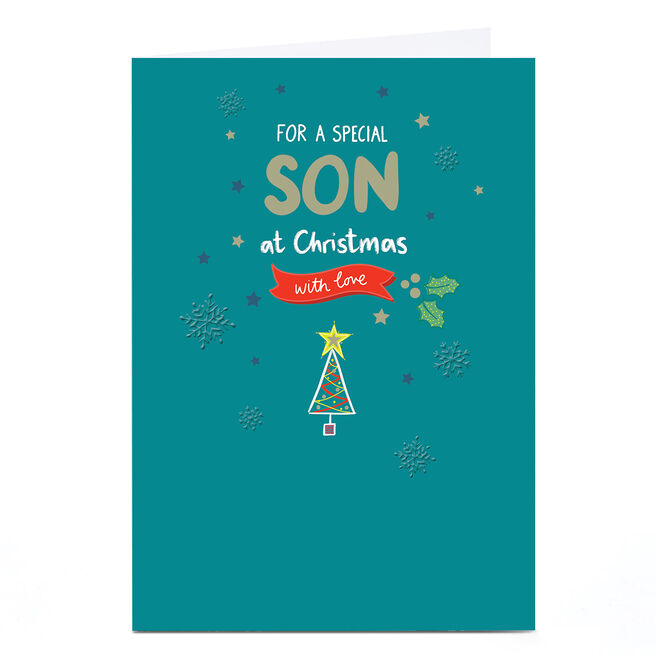 Personalised Christmas Card - Teal Green Little Tree and Snowflakes, Son