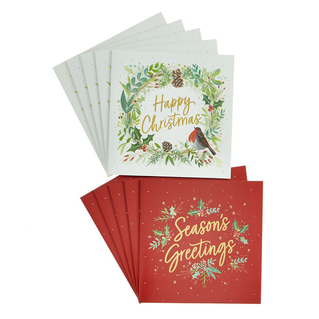 16 Charity Christmas Cards - Robin & Wreath (2 Designs)