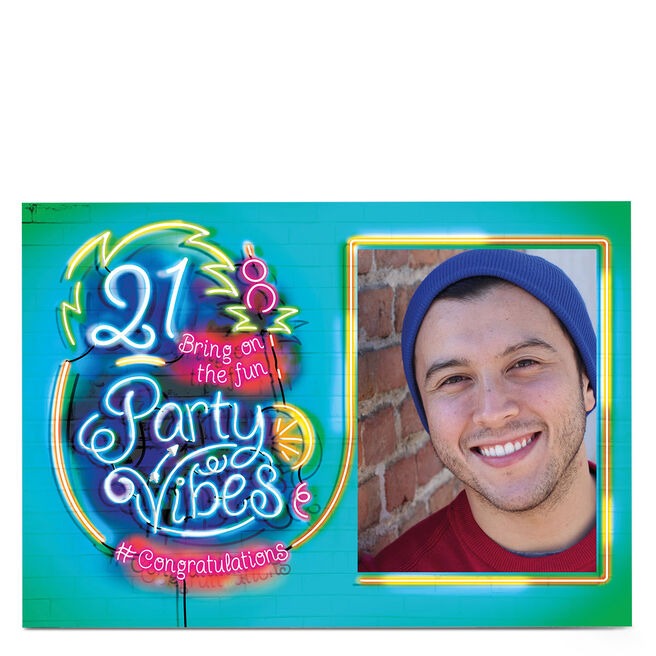 Photo 21st Birthday Card - Party Vibes, Neon Sign