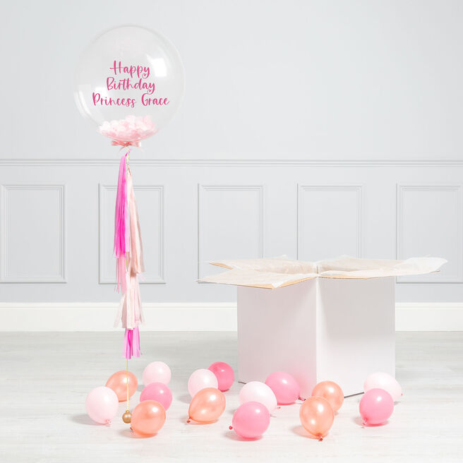 Personalised Baby Pink Confetti Tassel Bubble Balloon & Minis - DELIVERED INFLATED!