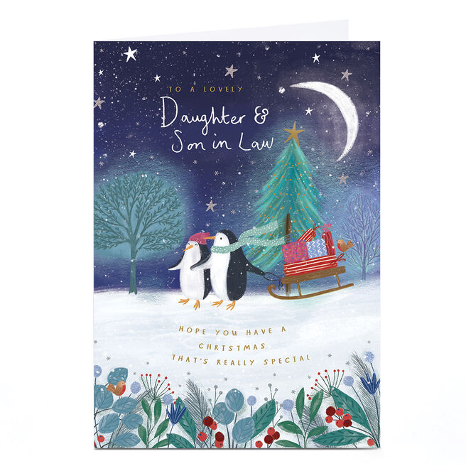 Personalised Christmas Card - Penguins With Sledge of Presents, Daughter & Son-in-Law