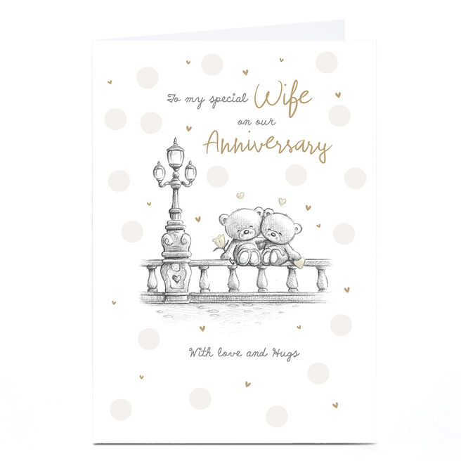 Personalised Hugs Anniversary Card - Cuddle Bears on Bridge, Wife