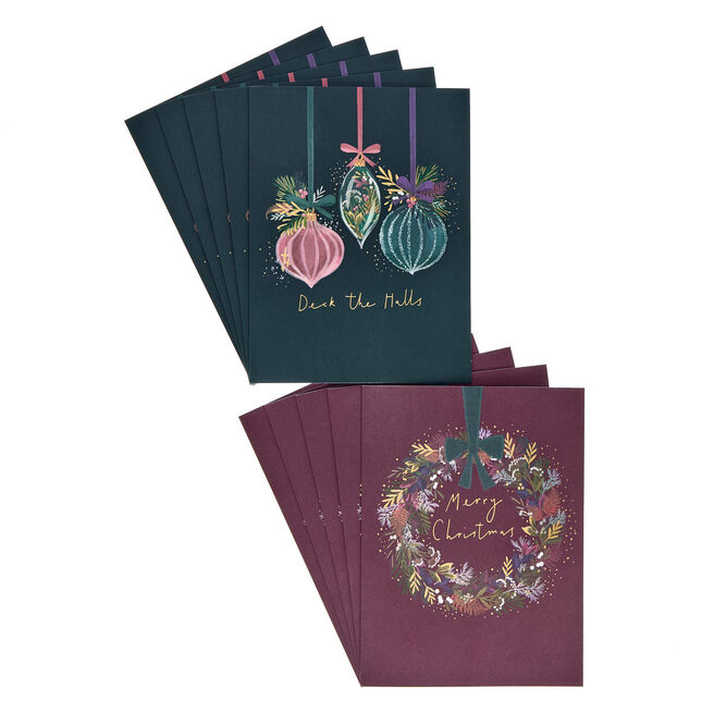 10 Deluxe Boxed Charity Christmas Cards - Wreath & Baubles (2 Designs) 
