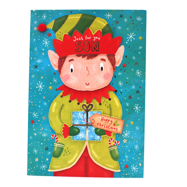 Christmas Card - Son, Cute Elf With Present Activity Card