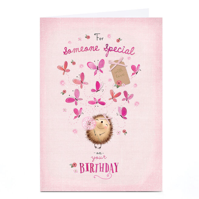 Personalised Birthday Card - Pink Hedgehog Butterflies, Someone Special 