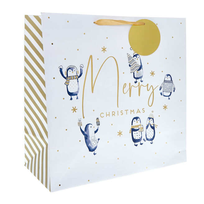 Giant Square Merry Christmas Penguins Gift Bag