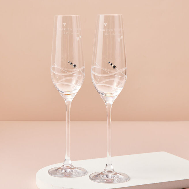 Engraved Set Of Two Champagne Flutes embellished with Crystals - Message, Names and Love Hearts