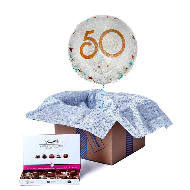 Silver & Bronze 50th Birthday Balloon & Lindt Chocolates - FREE GIFT CARD!